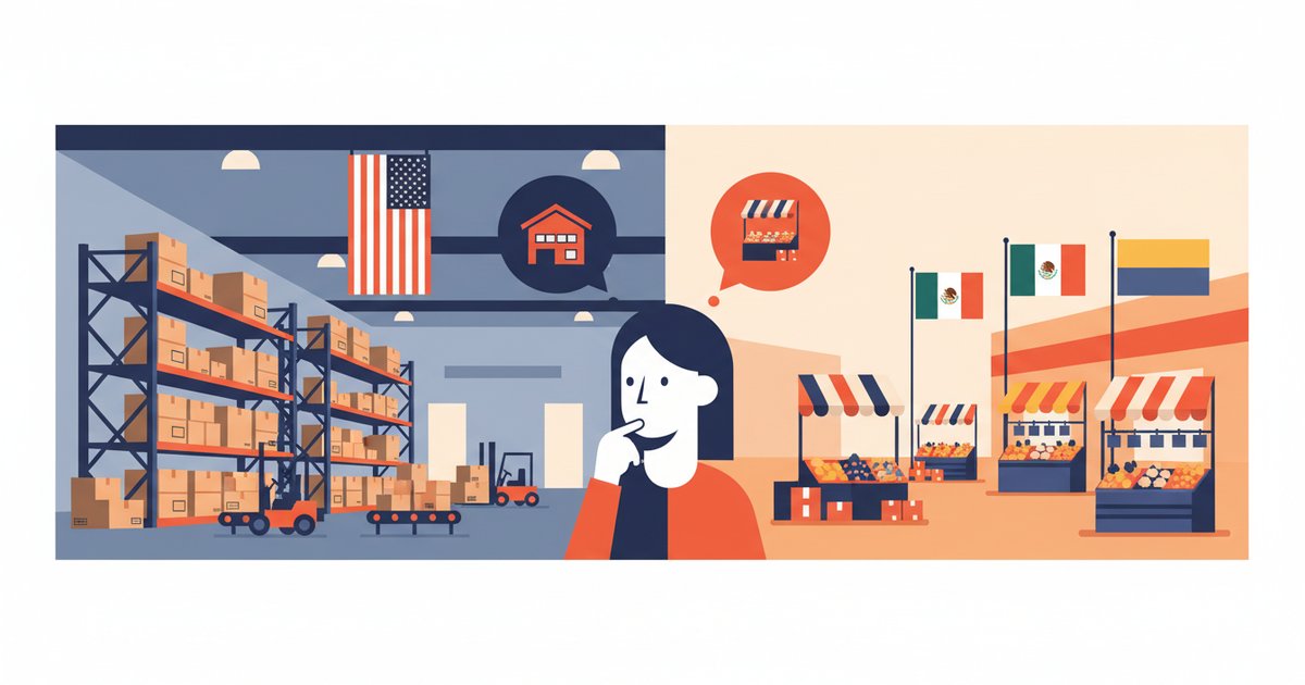 Visual comparison between Amazon US and MercadoLibre LATAM with Latin American seller deciding between the two platforms