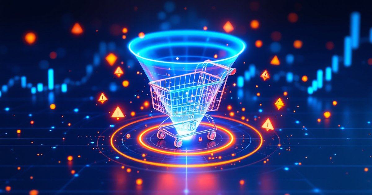 E-commerce conversion audit — digital shopping cart with 14 signal analysis indicators showing store performance gaps