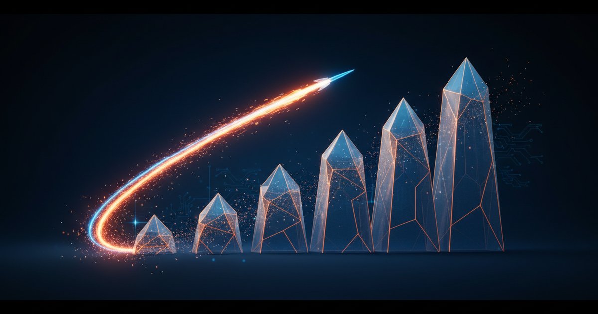 Mountain range of glowing data networks ascending toward a summit, representing the accelerating advance of AI