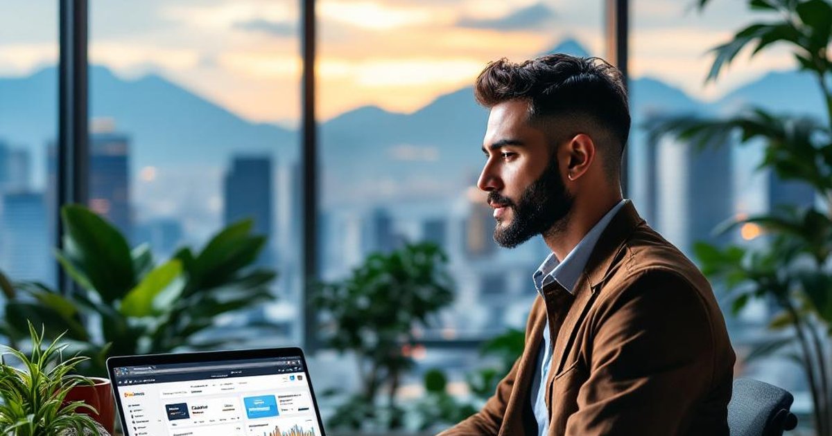 Emprendedor colombiano en Medellín co-working con laptop mostrando dashboard MercadoLibre y Amazon Colombia