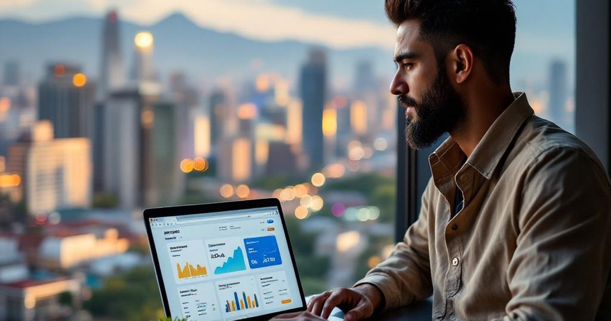 Emprendedor peruano en Lima con dashboard de Amazon y MercadoLibre Perú mostrando ventas en crecimiento