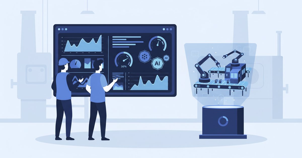 Industrial engineers reviewing a predictive-maintenance data dashboard next to a digital twin of a production line