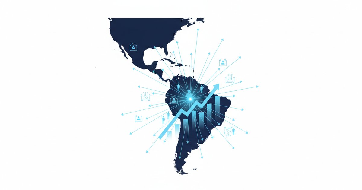 Mapa de América Latina con íconos de inteligencia artificial representando la adopción de IA en empresas de la región