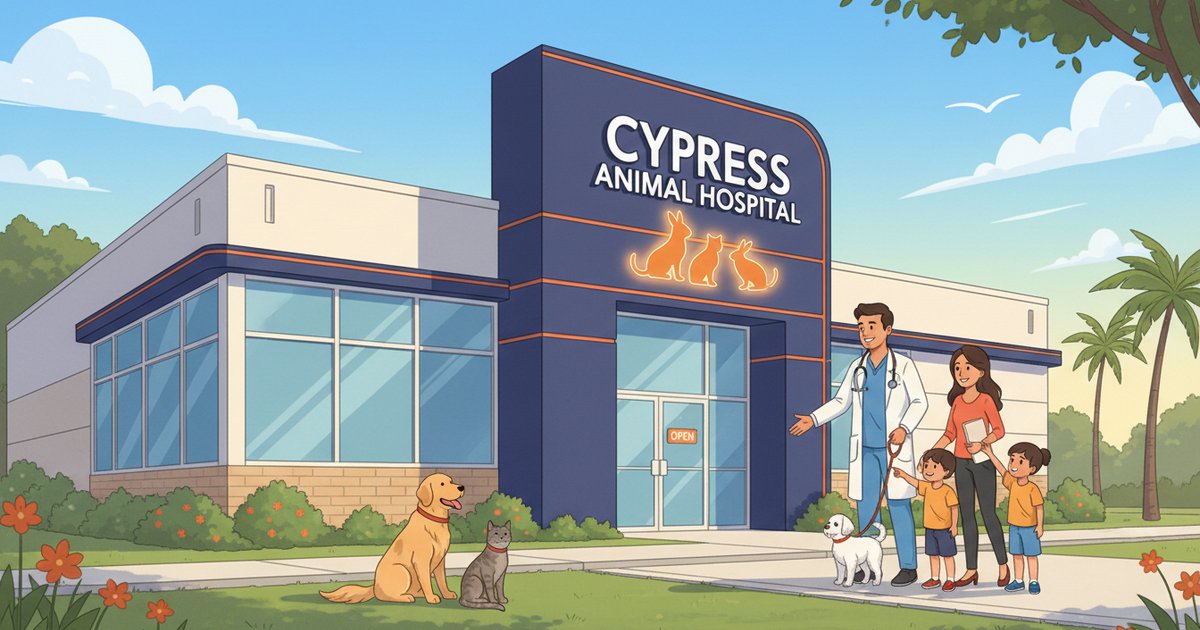Clínica veterinaria amigable en Cypress Houston Texas con veterinario en uniforme atendiendo a familia hispana con su mascota