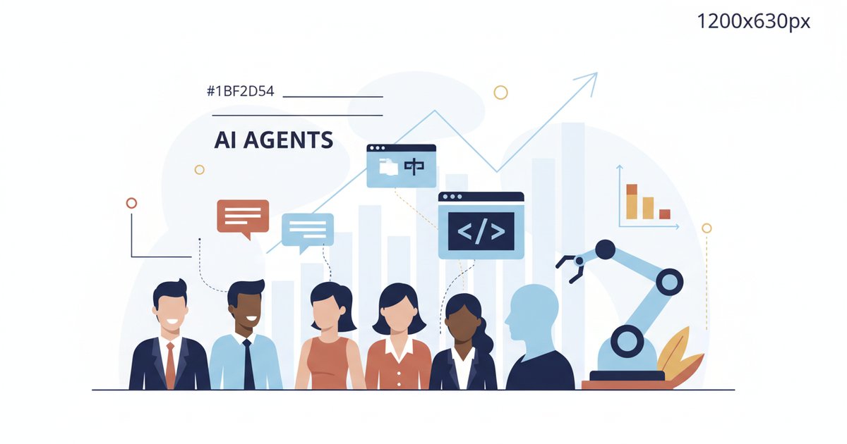 Illustration of Latin American workers alongside AI agents and a robotic arm in an office and industrial-plant setting