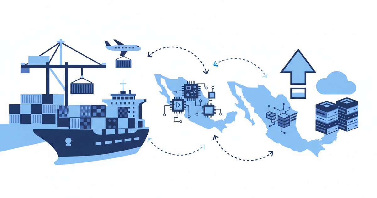 Contenedores de envío y componentes de semiconductores que representan el aumento de importaciones tecnológicas de México desde Taiwán para centros de datos de IA