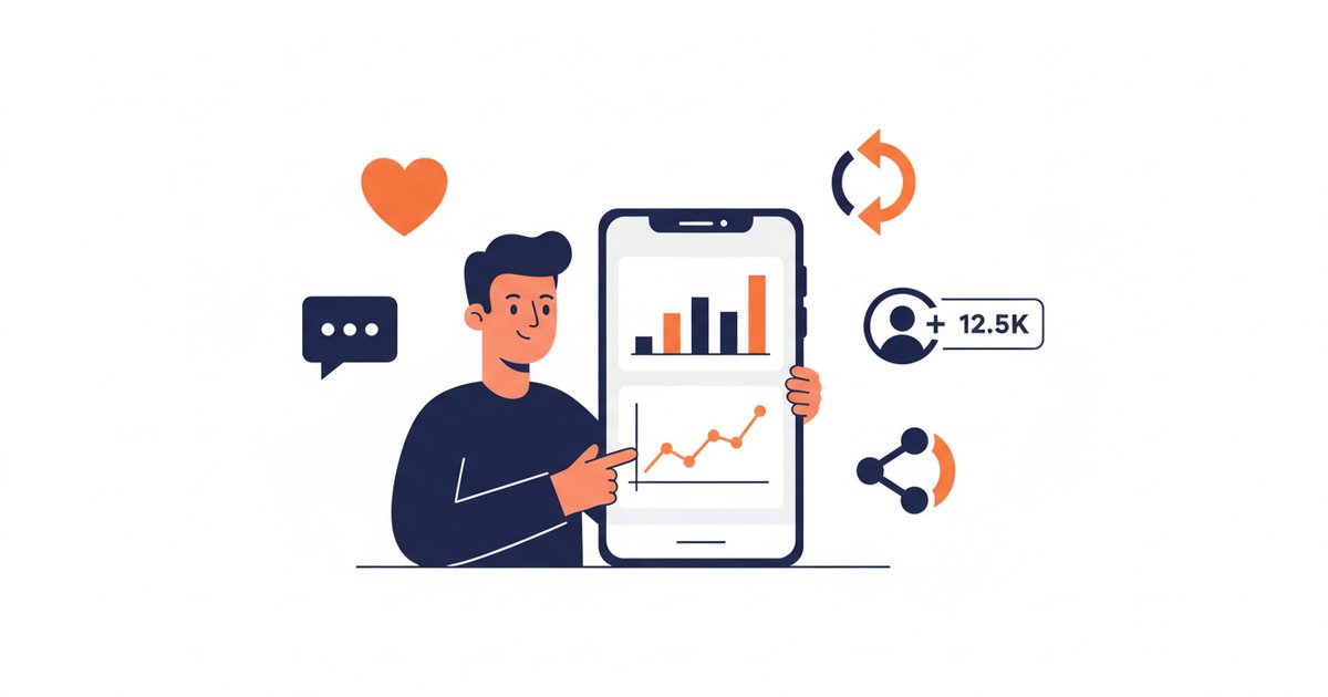 Small business owner reviewing social media metrics and audit scores on screen with engagement icons floating around