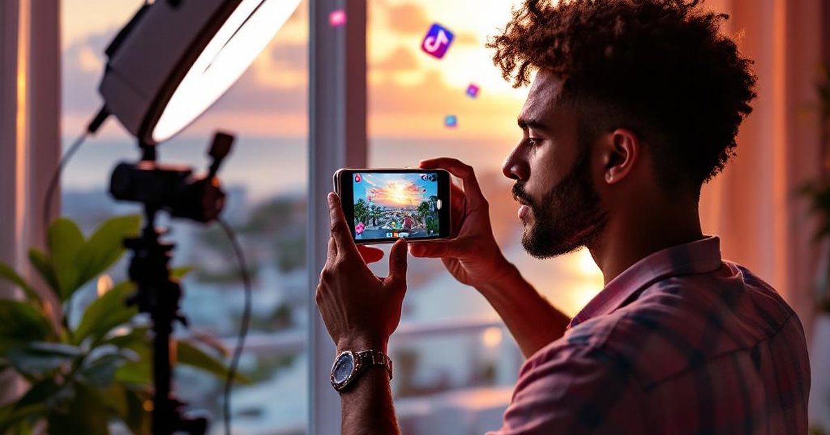 Latino entrepreneur filming TikTok and Instagram Reels with a professional setup in Miami
