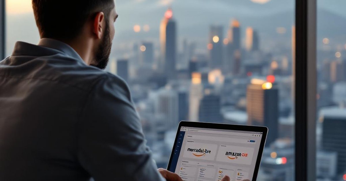 Emprendedor chileno en Santiago con vista a los Andes mostrando dashboard de Amazon Seller Central