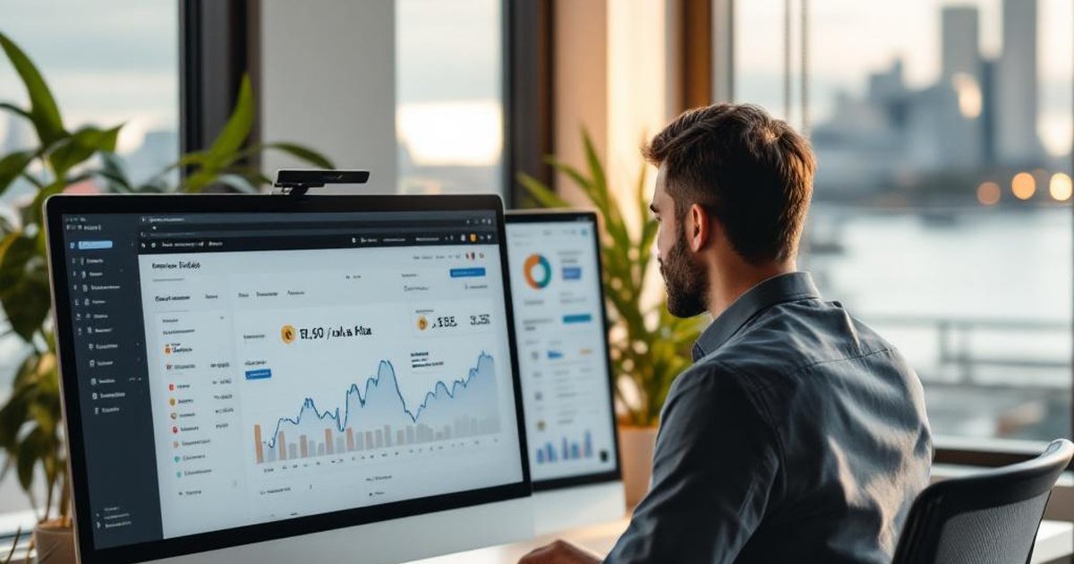 Emprendedor uruguayo en Montevideo con doble pantalla mostrando tienda Amazon y estadísticas de ventas online