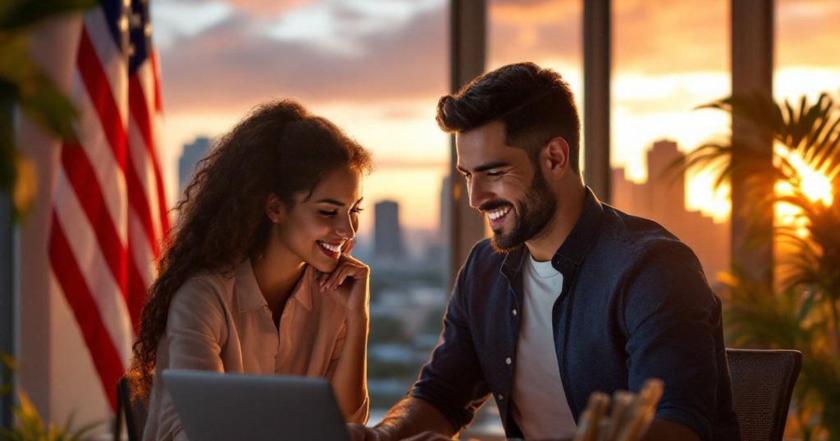 Emprendedor venezolano en Miami con laptop mostrando Amazon Seller Central con banderas venezolana y americana de fondo